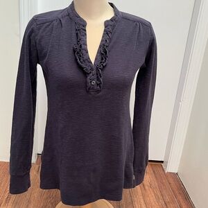 Polo Jeans Company WOMENS size Large Navy Blue Ruffled Cotton Henley Shirt.